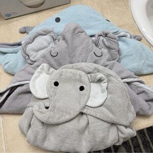 3 Baby Elephant and Shark Hooded Towels in Soft Gray and Blue